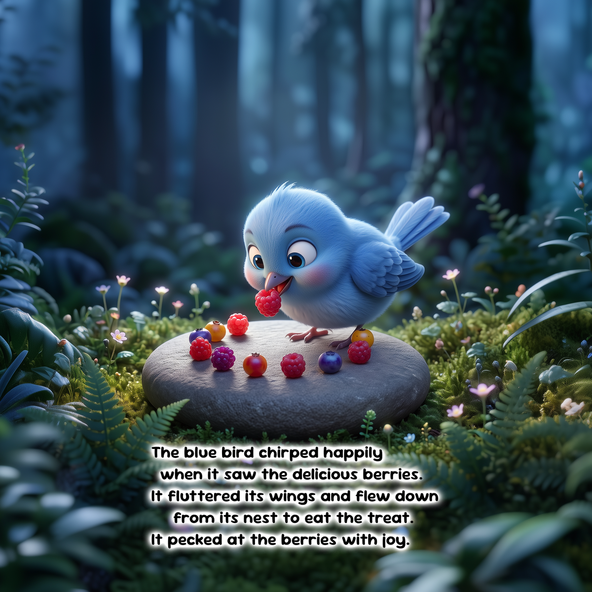 A whimsical forest scene showing a small blue bird perched on a stone pedestal, eating red berries. The background is a lush green woodland with glowing flowers and soft mist.
