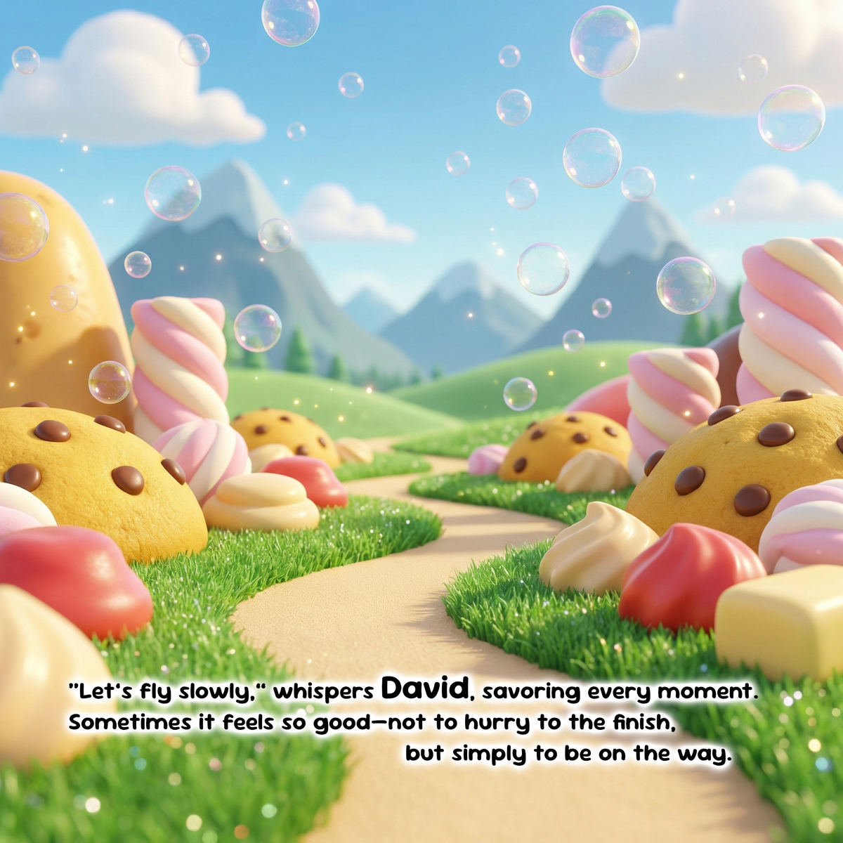 A whimsical pastel landscape with a winding path through grassy hills, decorated with oversized cookies, pink-and-white swirls, candy shapes, and floating bubbles. Blue mountains and a blue sky are in the background.