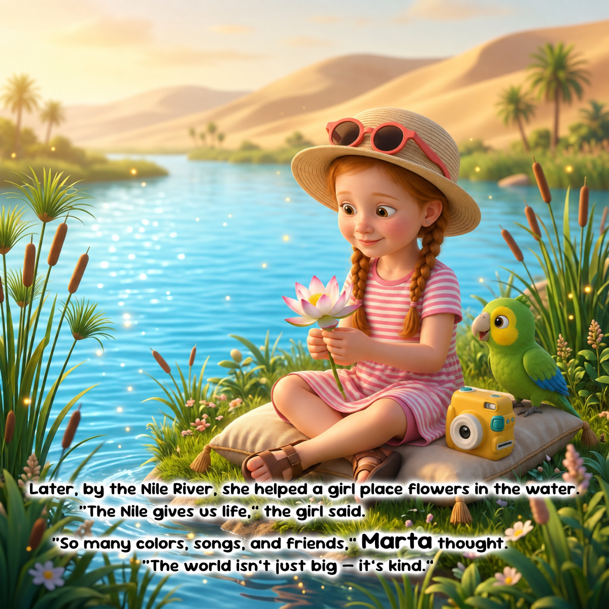 A colorful illustrated scene of a young girl in a straw hat sitting by a river, holding a lotus flower, with a green parrot and a yellow camera beside her. Sand dunes, palm trees, and reeds surround the water, and overlaid text includes a quote about the Nile River and Marta.