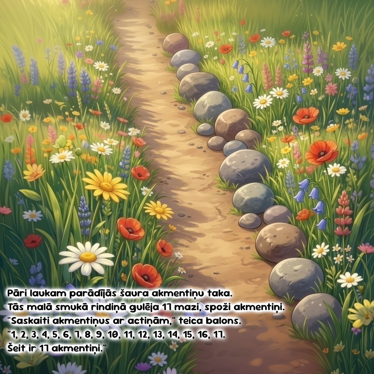 A colorful illustrated path winding through a wildflower meadow with rocks, overlaid with a block of Latvian text at the bottom left.