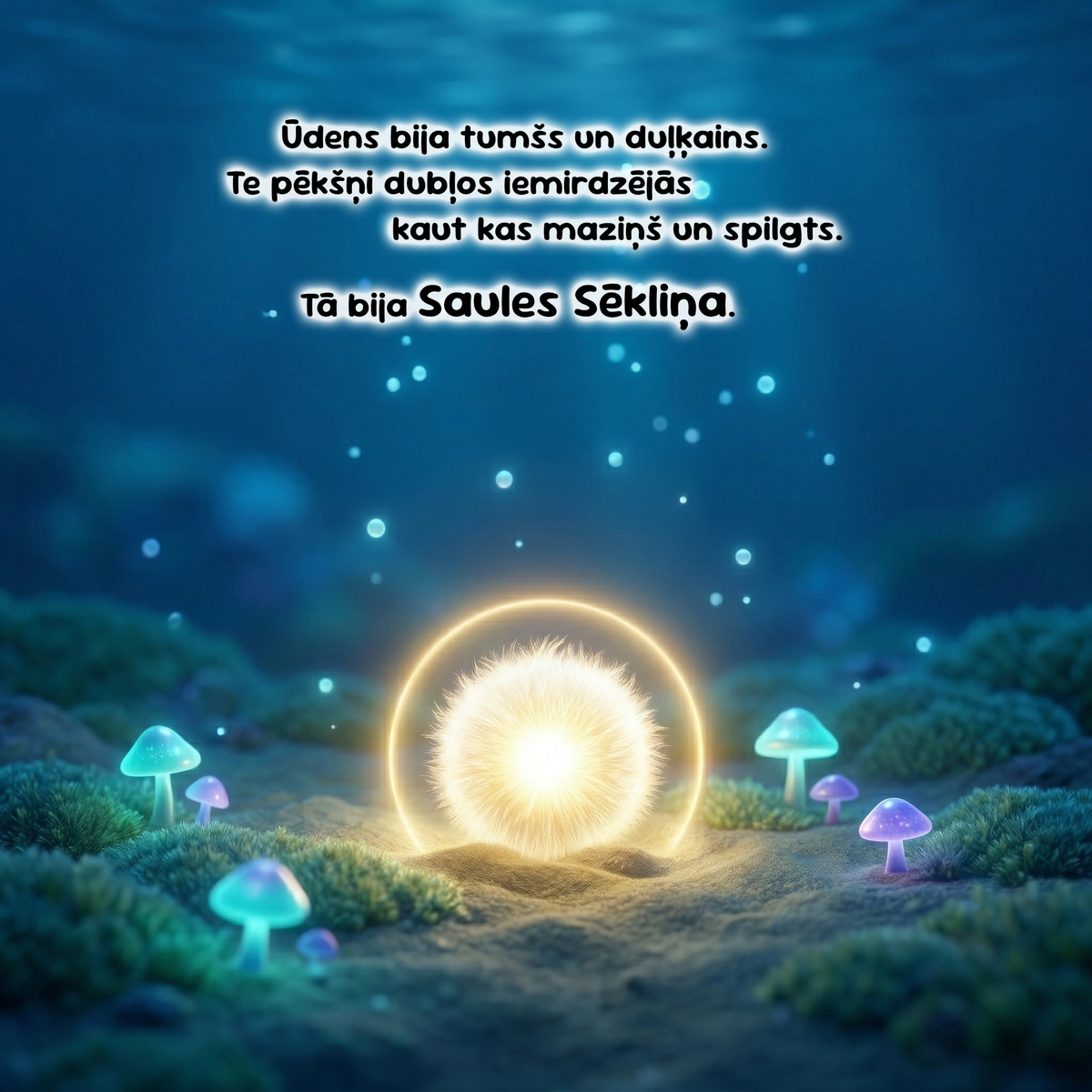 A glowing fantasy underwater scene with a bright sun-like orb in the mud, surrounded by small glowing mushrooms and blue light particles. White text at the top reads: 'It was dark and blurry underwater.