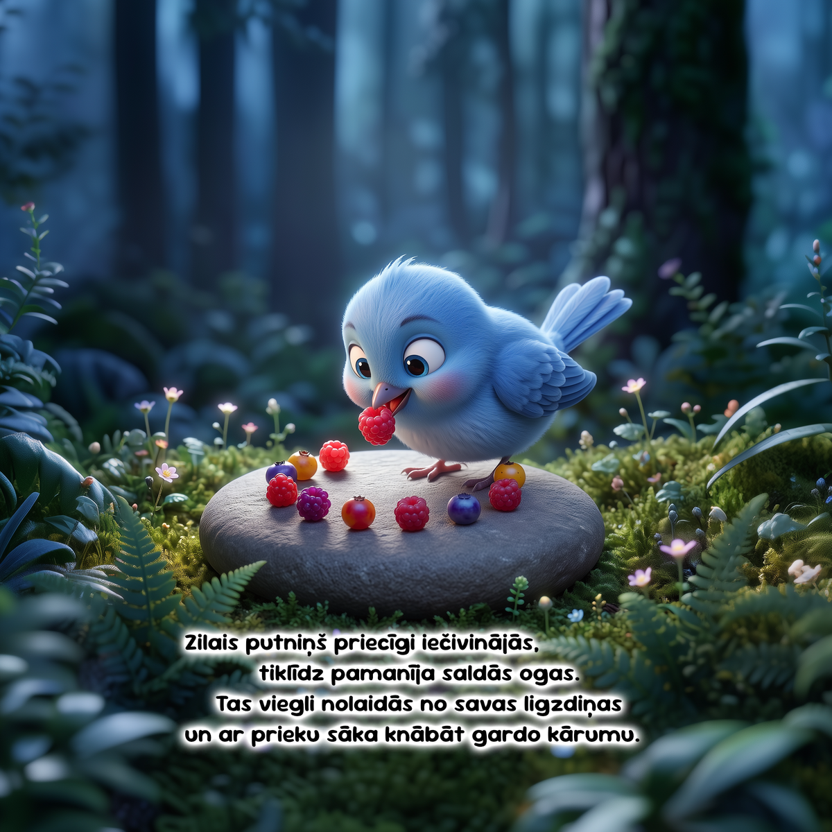 A stylized blue bird perched on a stone in a lush green forest, eating red berries. The scene is highly illustrated with soft lighting, fantasy foliage, and Estonian text overlaid at the bottom.