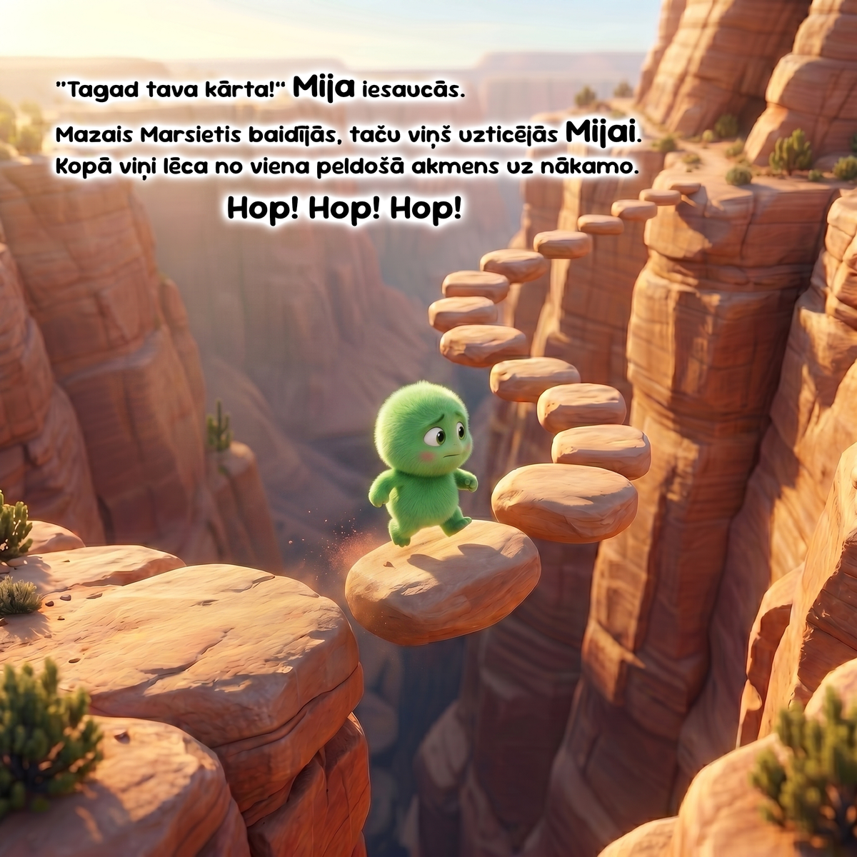 A stylized desert canyon scene with a small green character standing on floating stone steps and reading a Latvian text overlay. The scene is warm golden light, with rock formations, sparse shrubs, and a soft sky background.