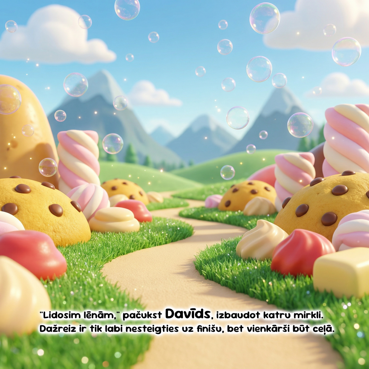 A whimsical pastel landscape illustration with a winding path through candy-like hills, oversized cookies, swirls, and bubbles, with a block of Latvian text overlaid at the bottom.