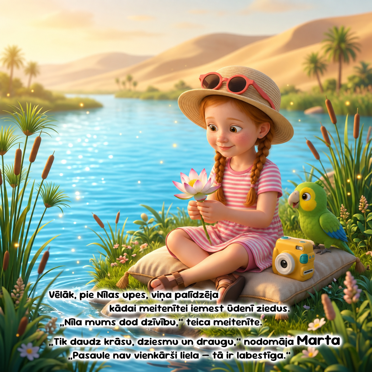 A stylized illustrated scene of a young girl sitting by a riverbank, wearing a straw hat with sunglasses and a pink striped dress, holding a lotus flower. A green parrot sits beside her, along with a yellow camera and a book.
