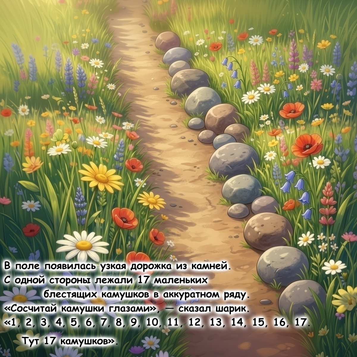 A colorful illustrated meadow path lined with stones, flowers, and grass, with Russian text overlaid along the bottom left. This is not a clean product shot, not a person-centered lifestyle image, and not a measurement chart, color swatch, or instruction diagram; the depicted scene itself appears to be the content being shown, so Scenery is the best fit.