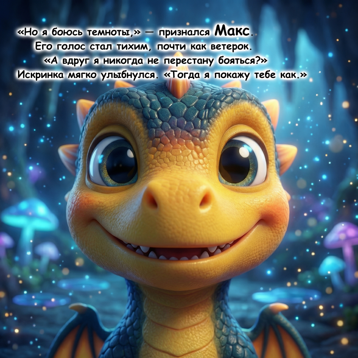 A close-up of a smiling cartoon dragon with blue-gray scales and a yellow face, set in a glowing fantasy forest. White Russian text is overlaid across the top.