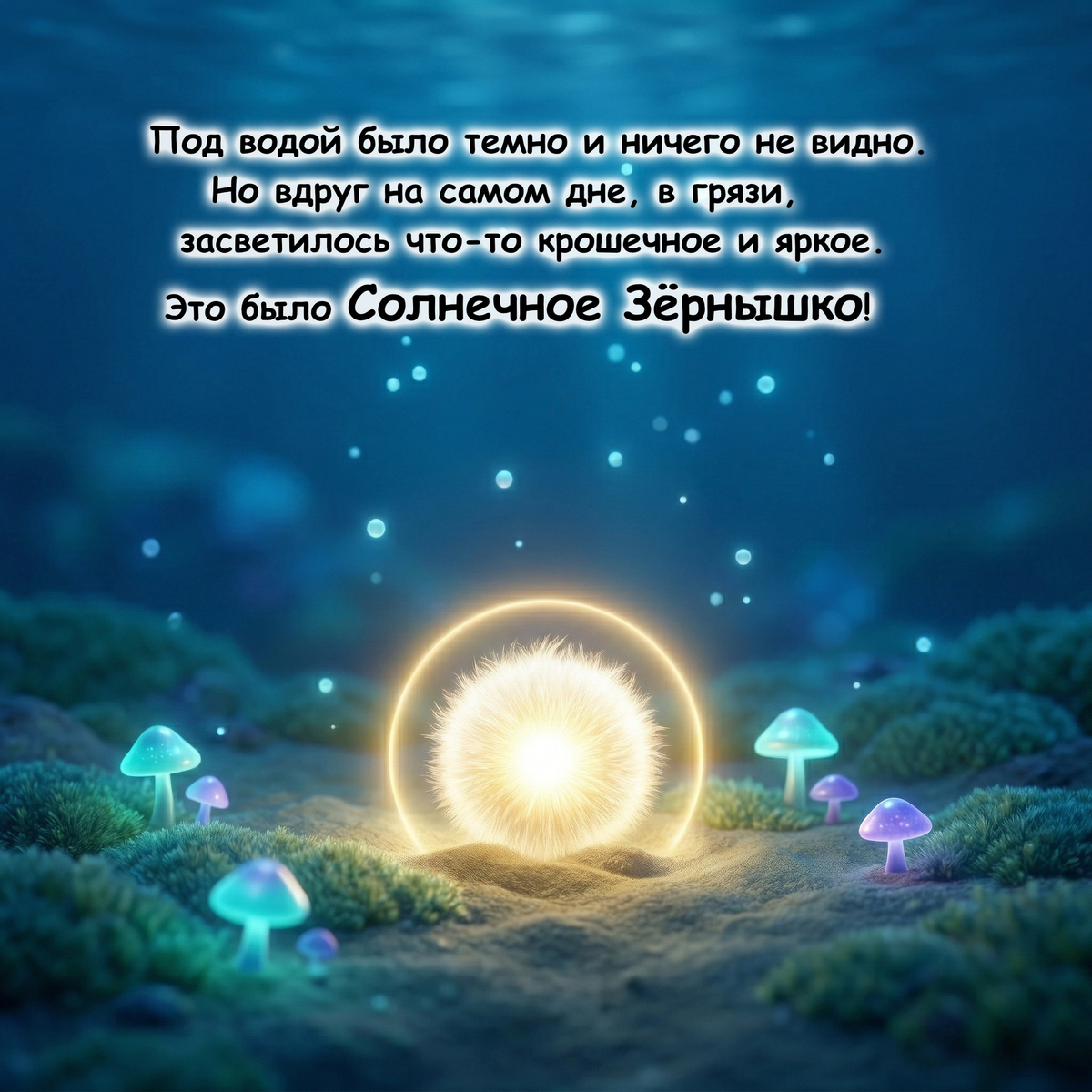 A glowing fantasy underwater scene with a bright sun-like orb in the mud, surrounded by small glowing mushrooms and blue light particles. White text at the top reads: 'It was dark and blurry underwater.