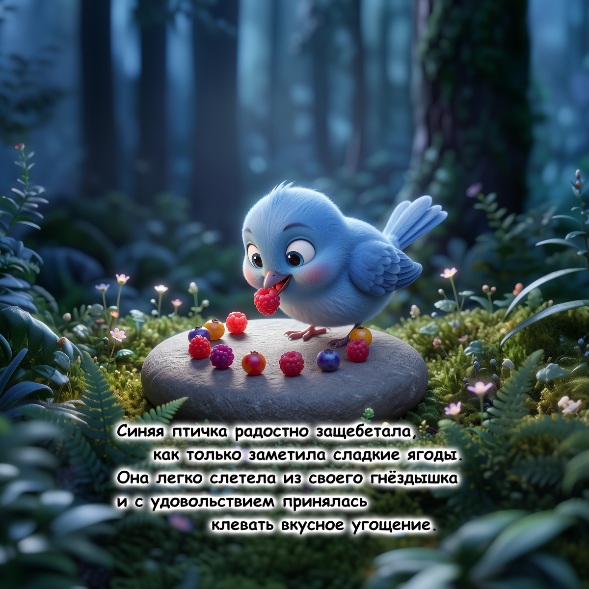 A stylized digital illustration of a small light blue bird perched on a stone in a forest, eating red berries. Russian text is overlaid near the bottom.