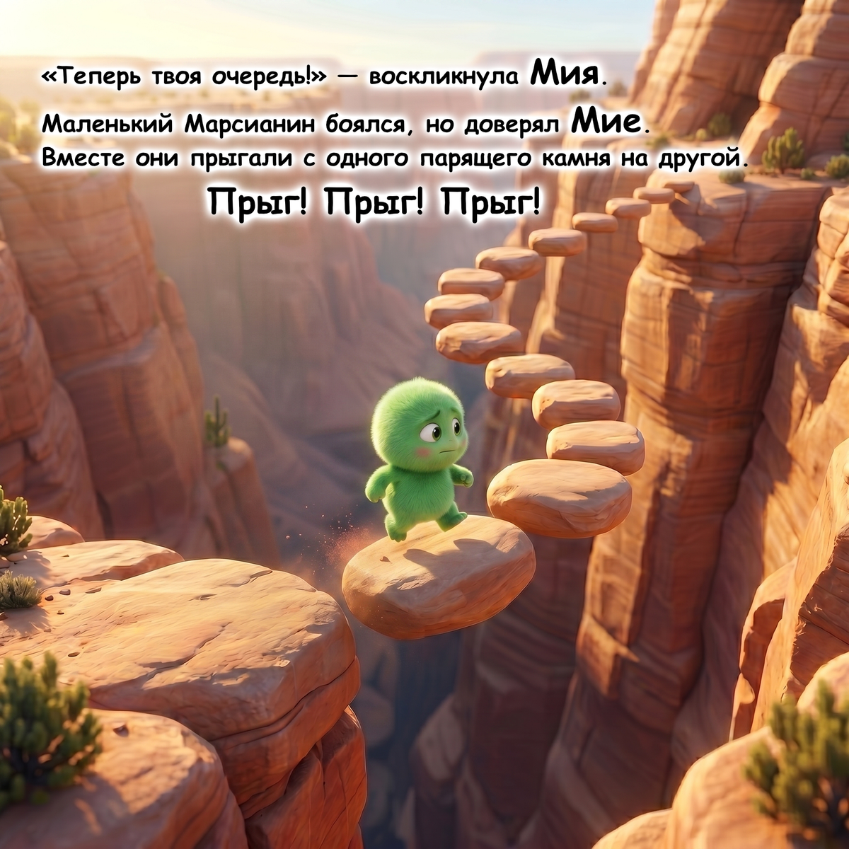 A stylized illustrated scene of a small green creature standing on a rock in a canyon, with a line of floating stepping stones leading upward. Russian text is overlaid at the top.