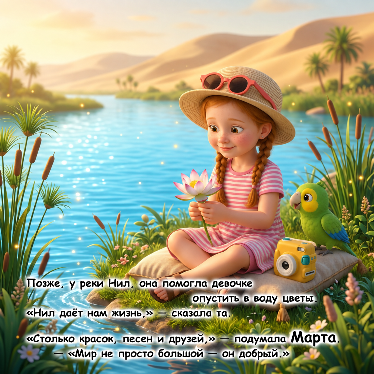A stylized illustrated scene of a young girl sitting by a riverbank, wearing a straw hat with sunglasses and a pink striped dress, holding a lotus flower. A green parrot sits beside her, along with a yellow camera and a book.