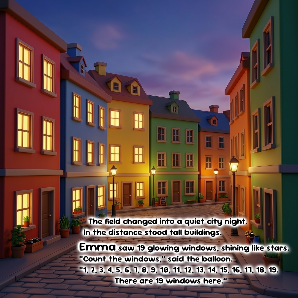 A colorful row of old townhouse-style buildings at dusk, with glowing windows and street lamps, overlaid with a children's story text about counting 19 windows.