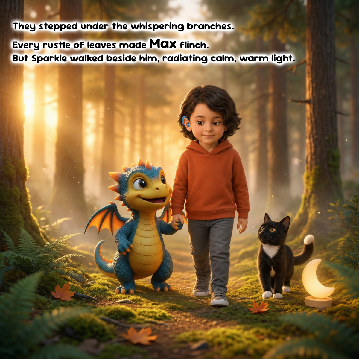 A child in an orange hoodie walks through a sunlit forest with a small blue-and-yellow dragon and a black cat beside them. Text at the top reads, 'They stepped under the whispering branches.