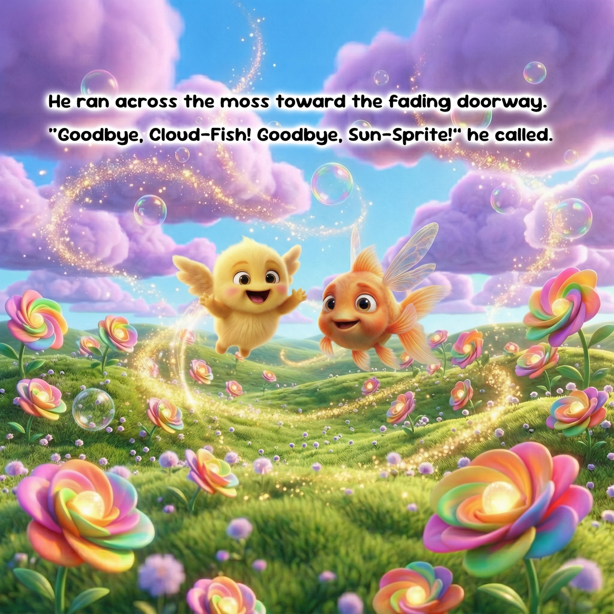 A colorful fantasy illustration of two small winged creatures flying through a dreamy meadow with rainbow flowers, purple clouds, and floating bubbles. Text at the top reads, 'He ran across the moss toward the fading doorway.