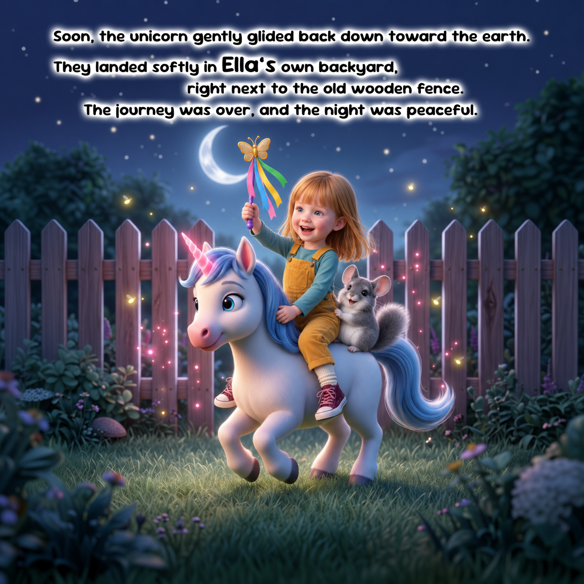 A whimsical illustrated scene shows a young girl sitting on a pastel unicorn in a magical backyard at night, with a small gray rabbit beside them. The background includes a wooden fence, glowing flowers, stars, and a crescent moon, with a long text overlay describing the scene.