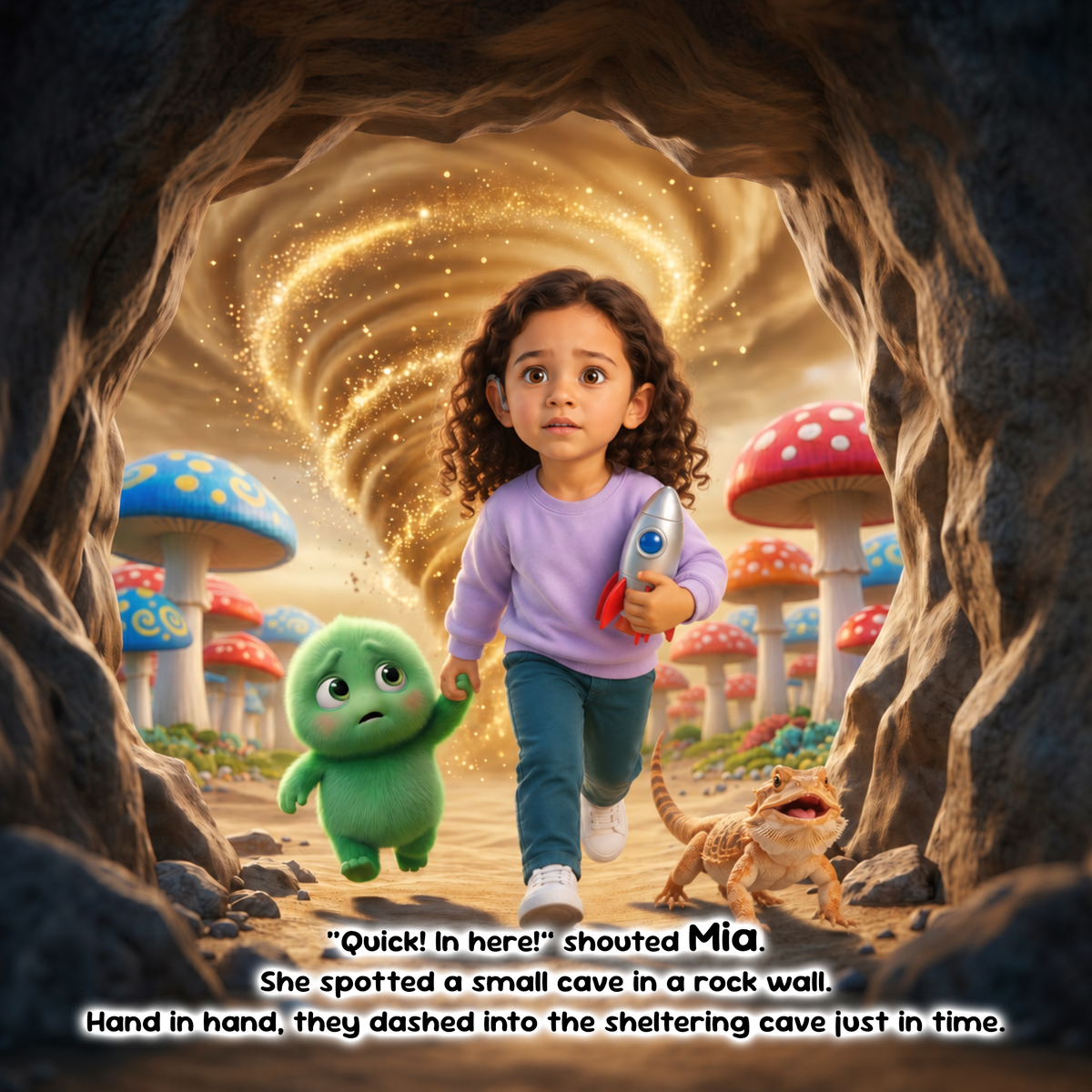 A digital illustration of a young girl with curly brown hair running through a glowing fantasy cave with a green creature and a small lizard. The scene features a swirling golden vortex in the background and colorful red and blue mushrooms.