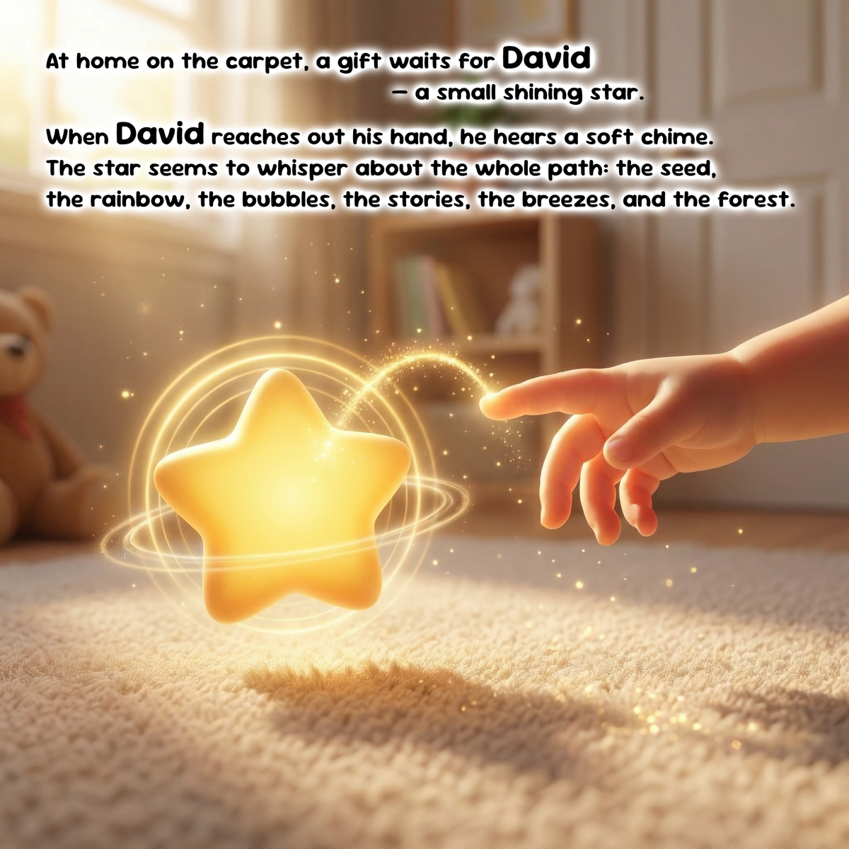 A warm, softly lit scene shows a glowing golden star floating in the air while a child's hand reaches toward it on a carpeted floor. Text at the top reads, 'At home on the carpet, a gift waits for David — a small shining star.