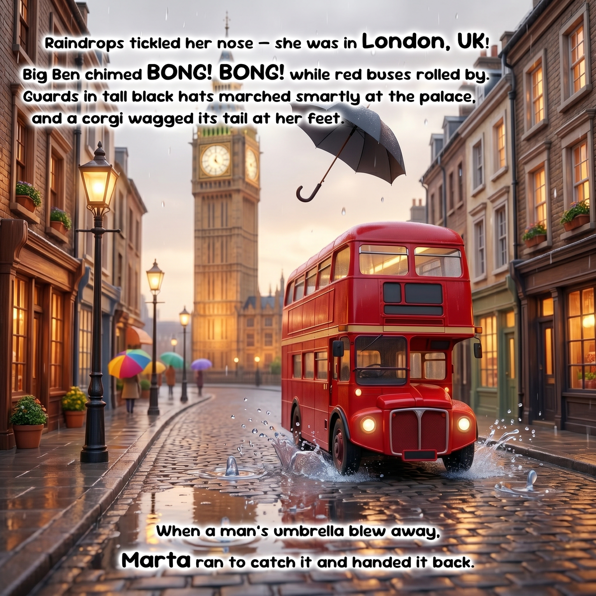 A romantic London street scene at dusk with a red double-decker bus driving through rain, Big Ben in the background, and overlaid children's rhyme text.