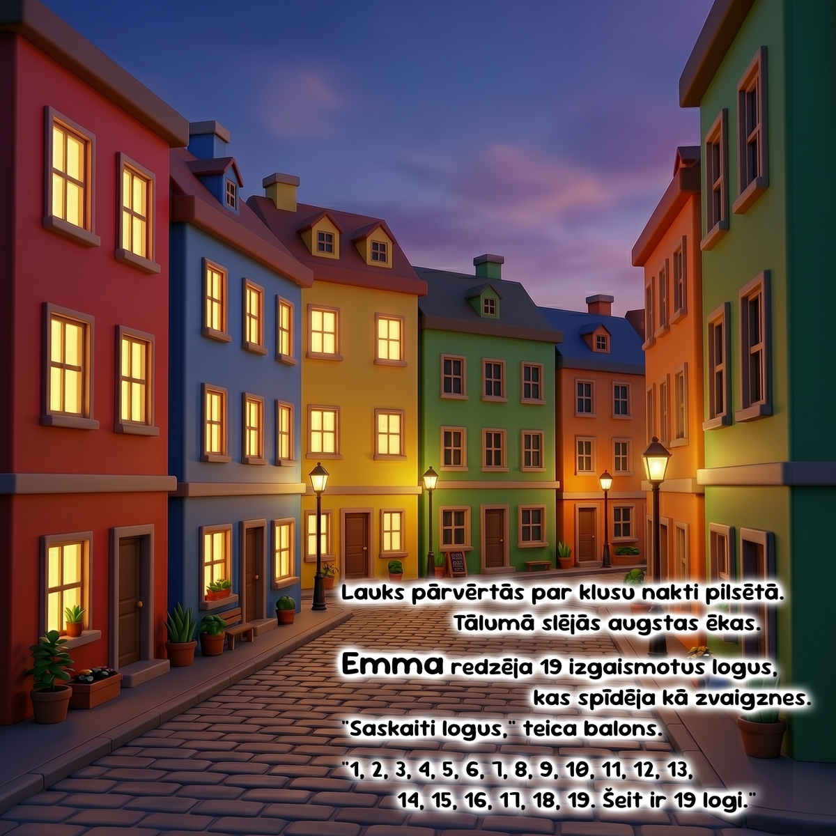 Colorful European-style buildings line a cobblestone street at dusk, with glowing windows and street lamps. Lithuanian text is overlaid in the center, including the name Emma and a short poem.