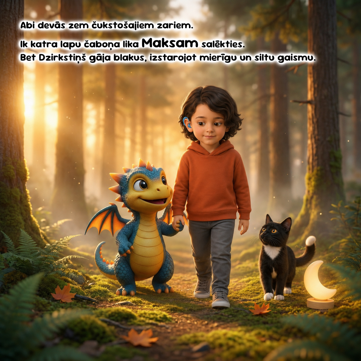 A child in an orange hoodie walks through a sunlit forest with a blue and yellow dragon beside them and a black cat near a glowing moon lamp. Text appears in the upper left in Latvian.