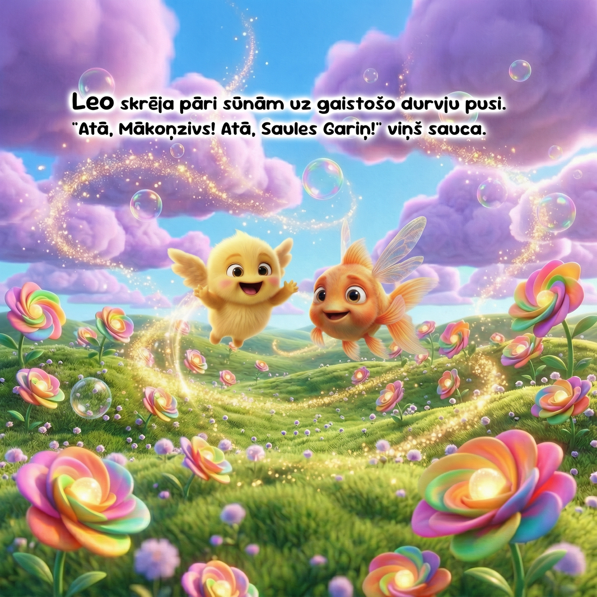 A colorful fantasy illustration of two small winged creatures flying through a dreamy meadow with rainbow flowers, purple clouds, and floating bubbles. Text at the top reads, 'He ran across the moss toward the fading doorway.
