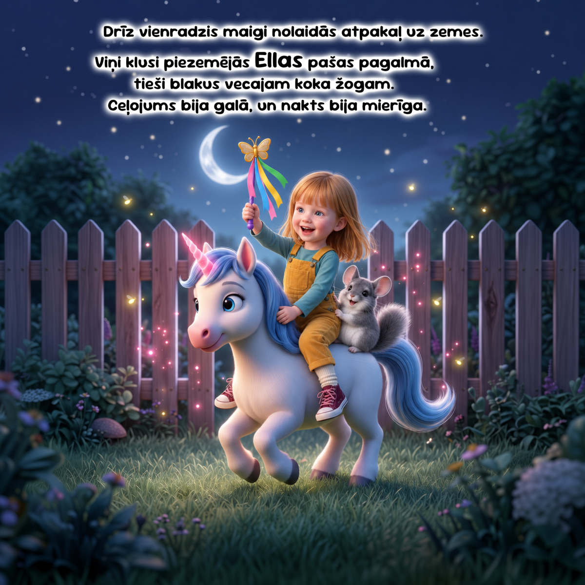 A whimsical illustrated scene of a young girl sitting on a unicorn in a magical garden at night, with a small rabbit beside her. The image includes Latvian text at the top and is presented as a full-bleed artwork or print design.