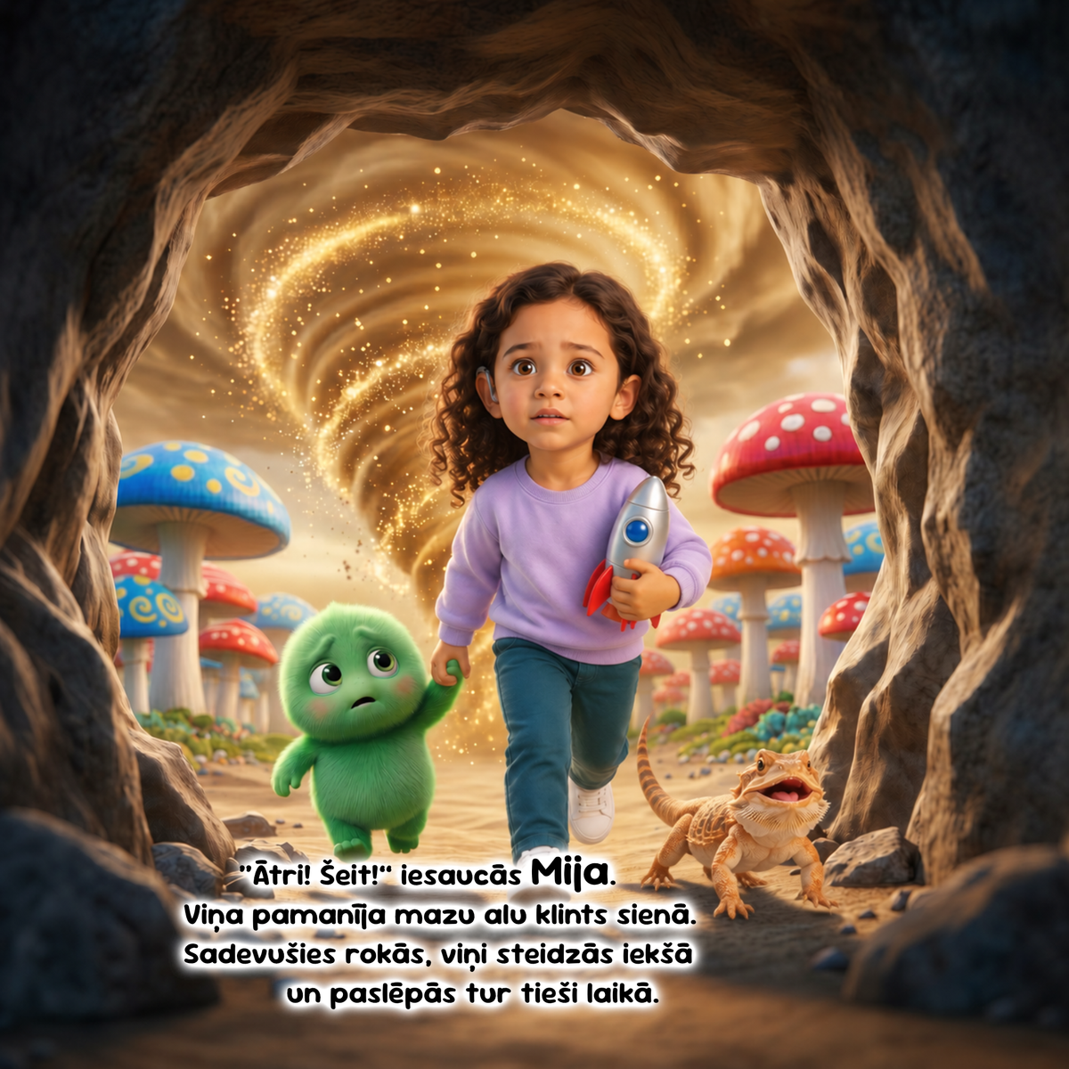 A child stands inside a rocky cave opening holding a toy spaceship, with a green cartoon creature beside them and a small lizard-like animal in front. Colorful mushrooms, a swirling golden vortex, and a fantasy landscape fill the background.