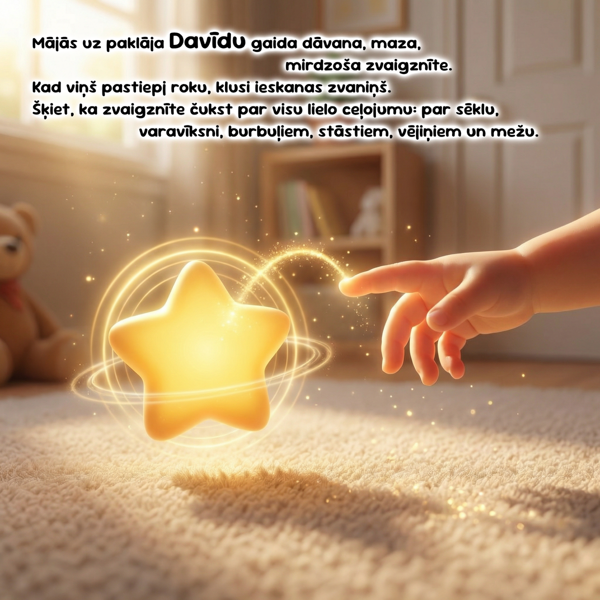 A warm, softly lit scene shows a glowing golden star floating in the air, with a child's hand reaching toward it. The background is a cozy indoor room with a teddy bear and soft furnishings, and there is Latvian text overlaid at the top describing a heartwarming story about a child named David.
