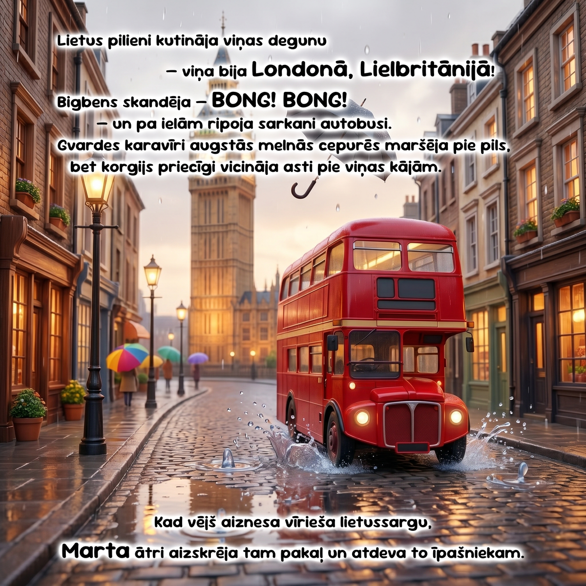 A stylized city street scene at dusk with a red double-decker bus driving down wet cobblestones, buildings lining the street, and overlaid Latvian text. This is not a clean product shot, chart, swatch, or instruction graphic; it appears to be a digital promotional or decorative image, so subject_type is Other.
