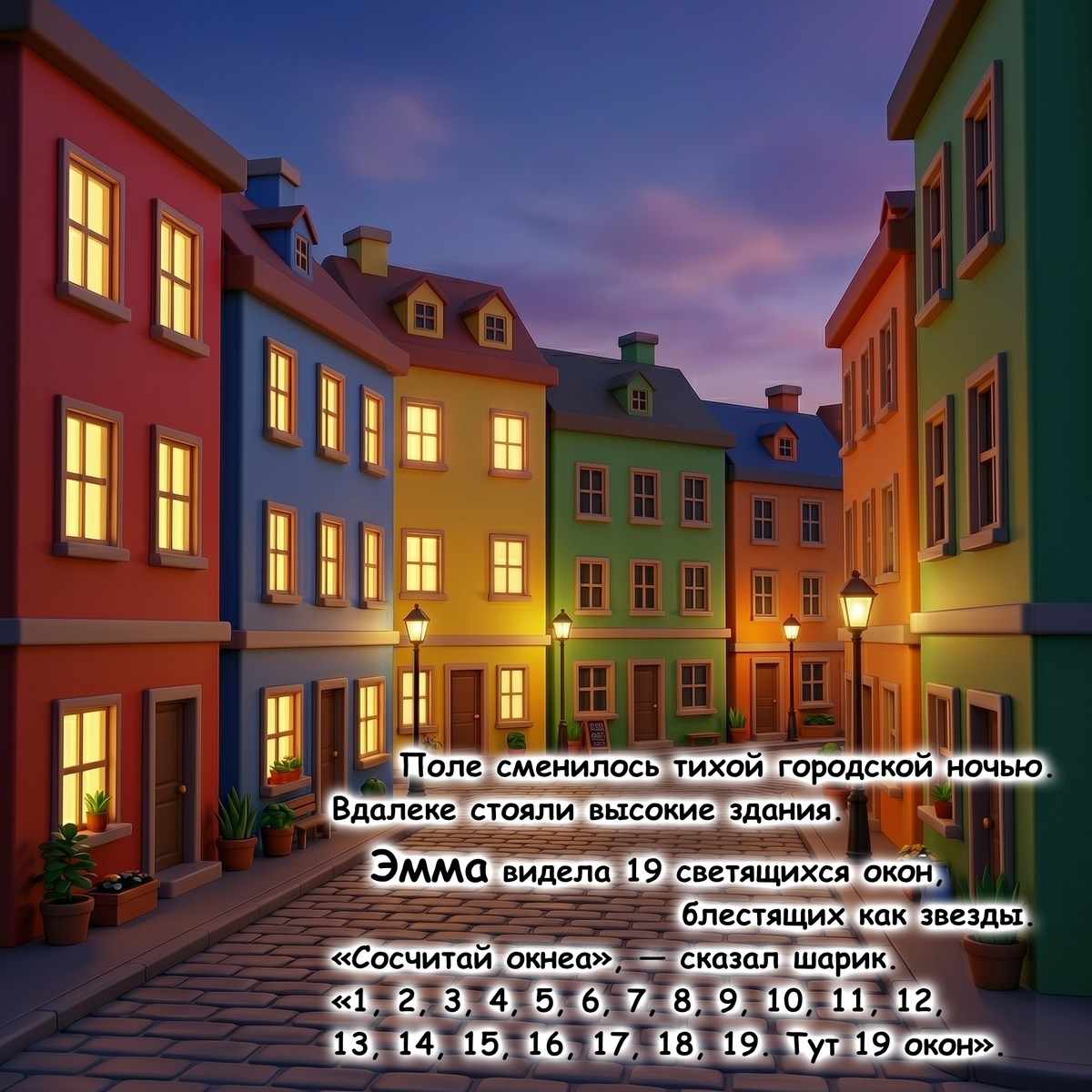 A colorful European-style street at dusk with illuminated windows and street lamps, overlaid with Russian text and a numbered list.