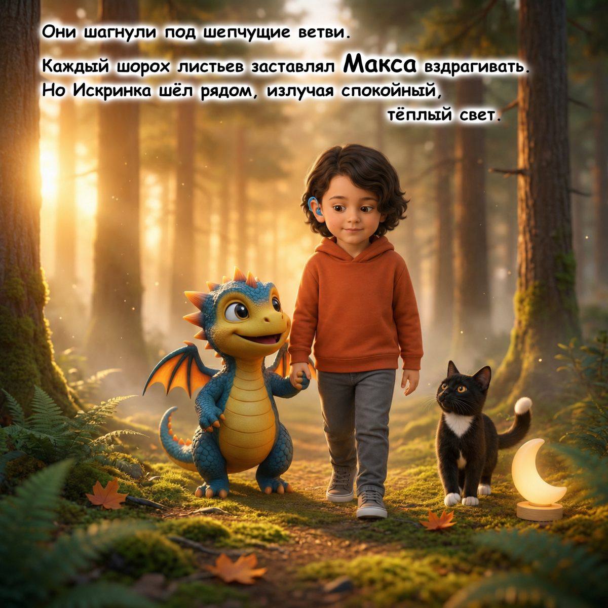 A child in an orange hoodie and gray pants walks through a sunlit forest with a small blue-and-yellow dragon beside them and a black cat with a white patch nearby. A glowing crescent moon lamp sits on the ground, and Russian text appears across the top of the scene.