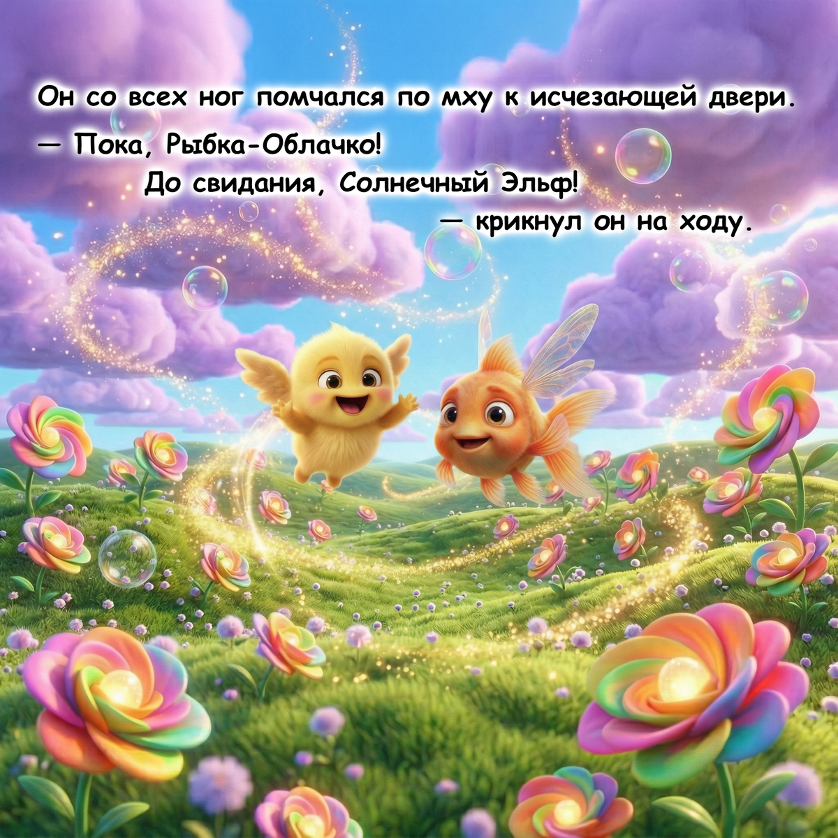 A colorful fantasy illustration of two small winged creatures flying through a dreamy meadow with rainbow flowers, purple clouds, and floating bubbles. Text at the top reads, 'He ran across the moss toward the fading doorway.