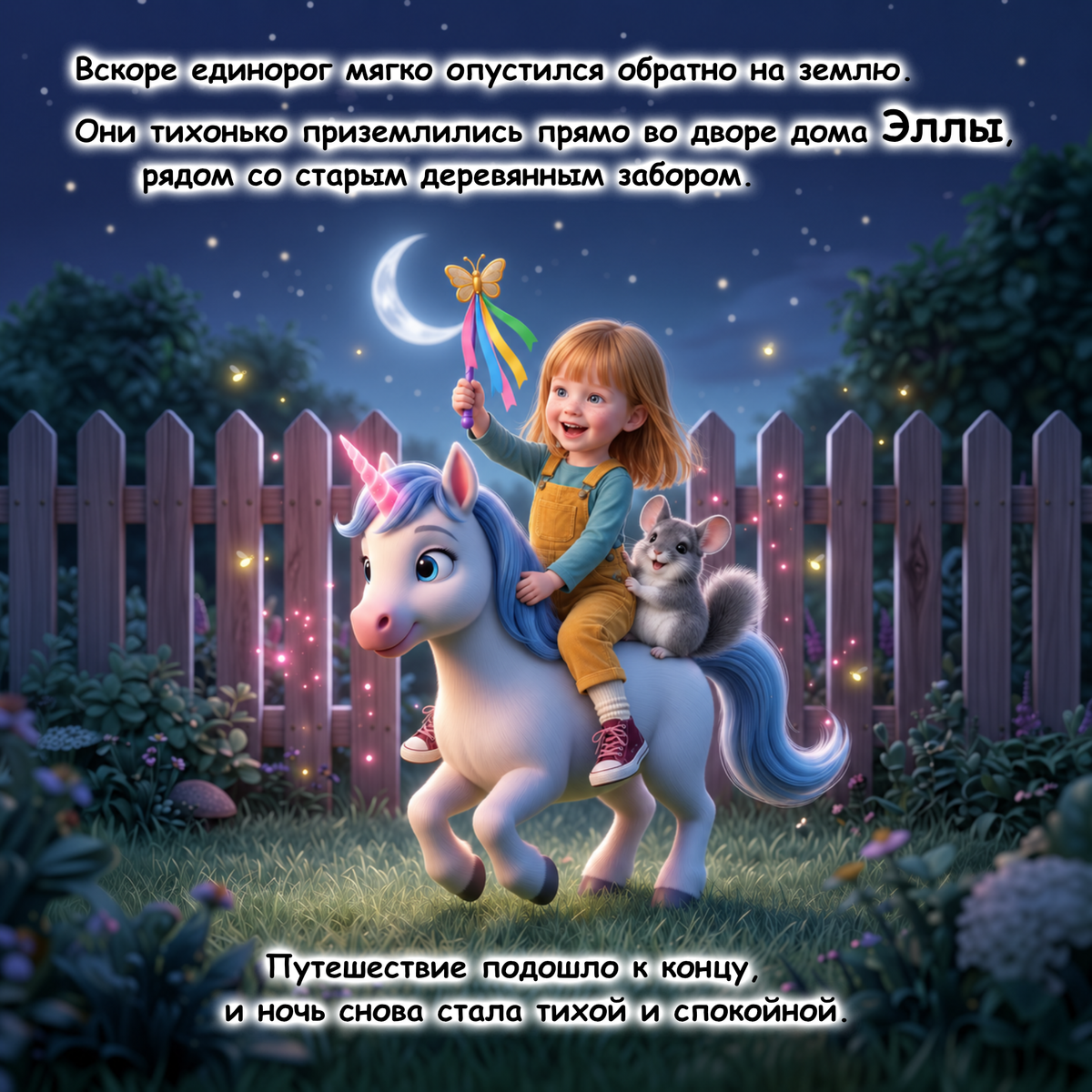 A whimsical illustrated scene shows a young girl with blonde hair riding a white unicorn with a pink horn in a nighttime garden. A small gray rabbit sits beside them, and glowing stars and sparkles fill the scene.