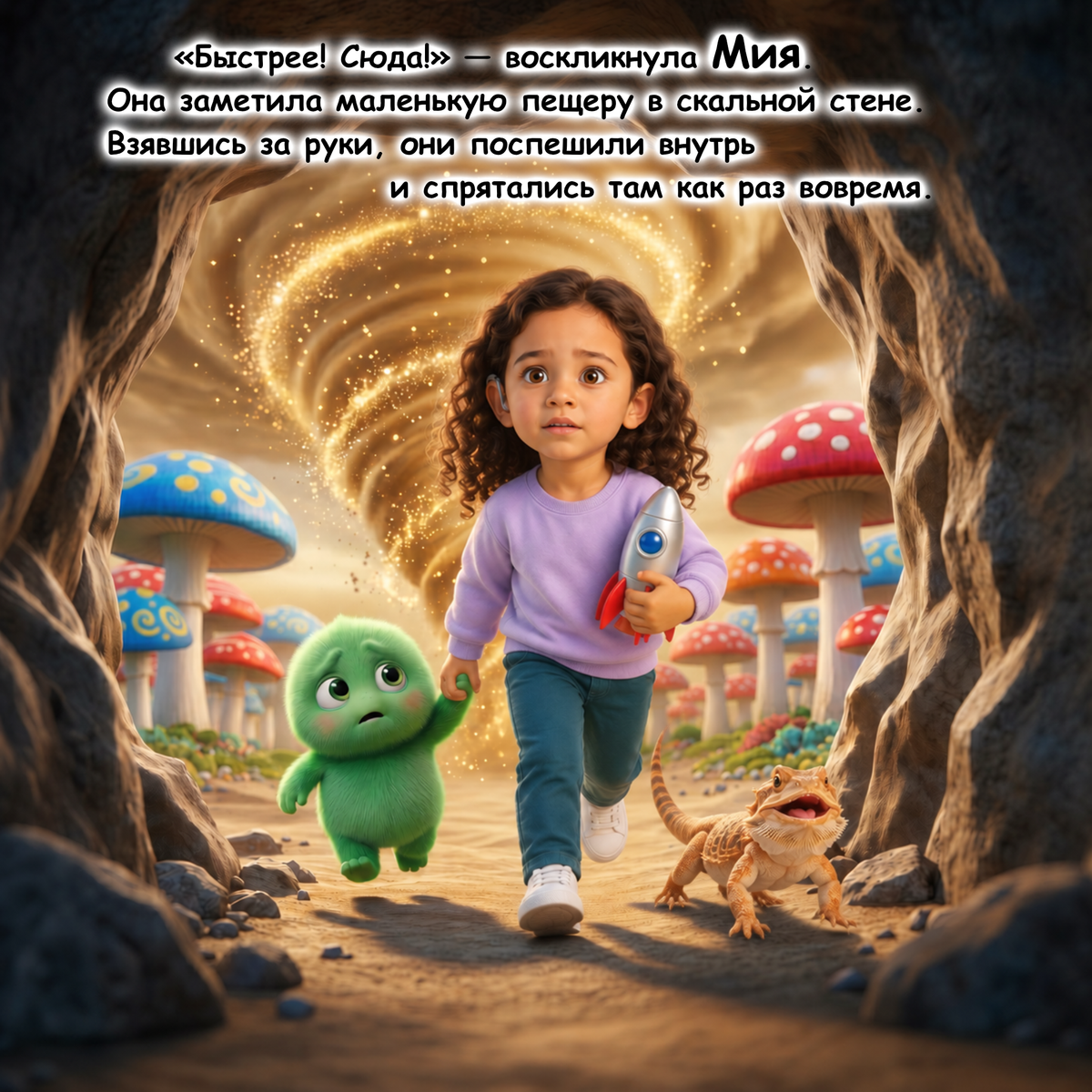 A stylized fantasy scene shows a young girl running through a glowing cave with a green creature and a small lizard beside her. Large red and blue mushrooms line the background, and Russian text appears across the top of the image.