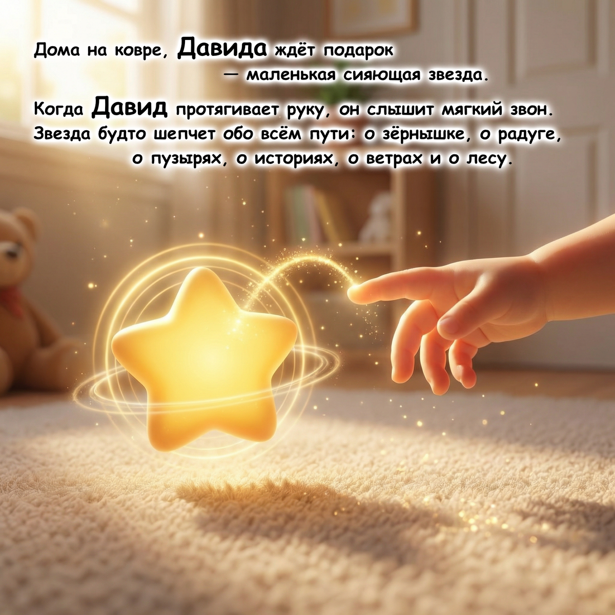 A glowing golden star-shaped night light floats on a soft beige carpet in a cozy room, with a child's hand reaching toward it. Russian text appears across the top, and a teddy bear is blurred in the background.