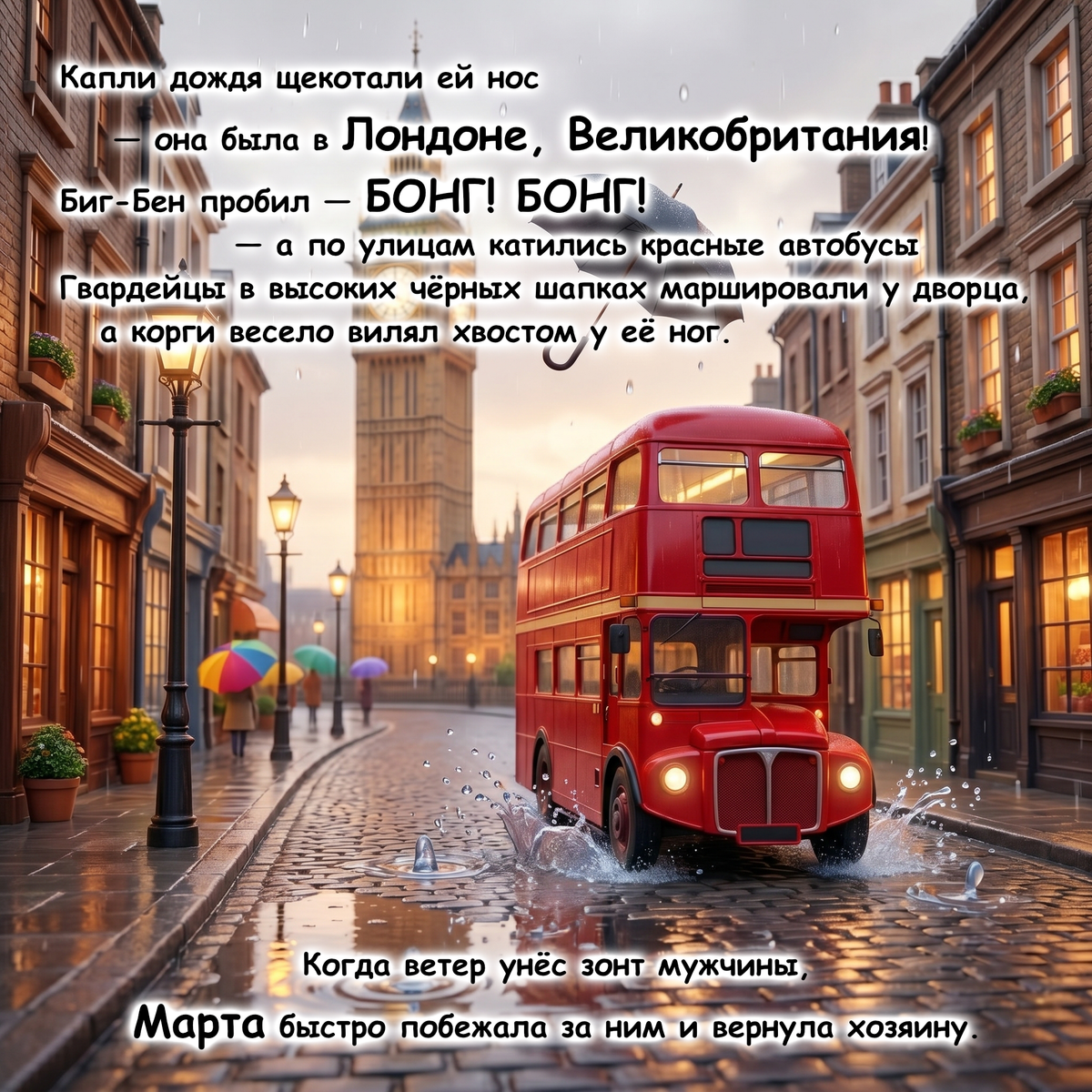 A stylized city street scene at dusk with a red double-decker bus driving down wet cobblestones, surrounded by warm-toned buildings. Russian text overlays appear throughout the scene, and the image has a dreamy, edited aesthetic rather than a straightforward product photo.