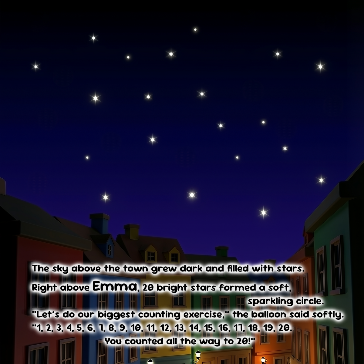 A nighttime scene with a dark blue sky filled with many small bright stars above a row of colorful town buildings. White text overlays are printed across the lower half of the image.