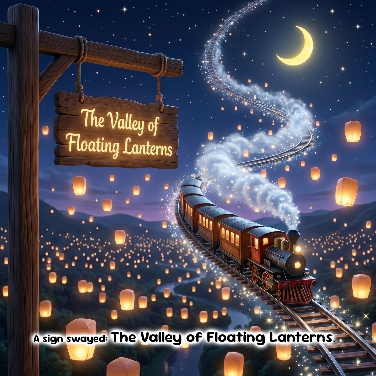 A whimsical illustrated scene of a steam train traveling on tracks through a valley filled with glowing floating lanterns under a starry night sky and crescent moon. A wooden sign on the left reads “The Valley of Floating Lanterns.
