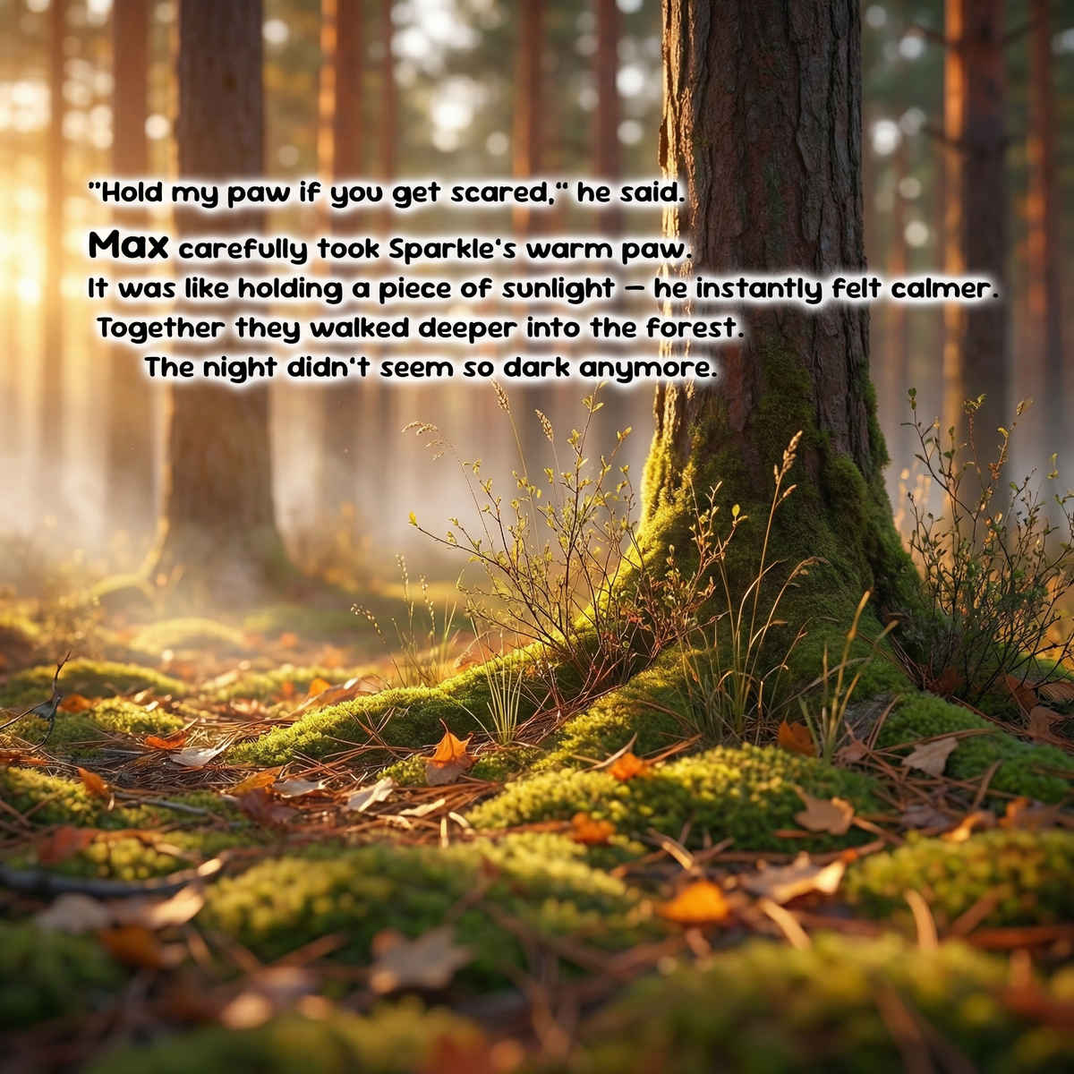 A forest scene with moss-covered tree trunks, fallen leaves, and warm sunlight filtering through the trees. White text overlaid on the left reads a comforting quote about holding a paw and walking deeper into the forest.