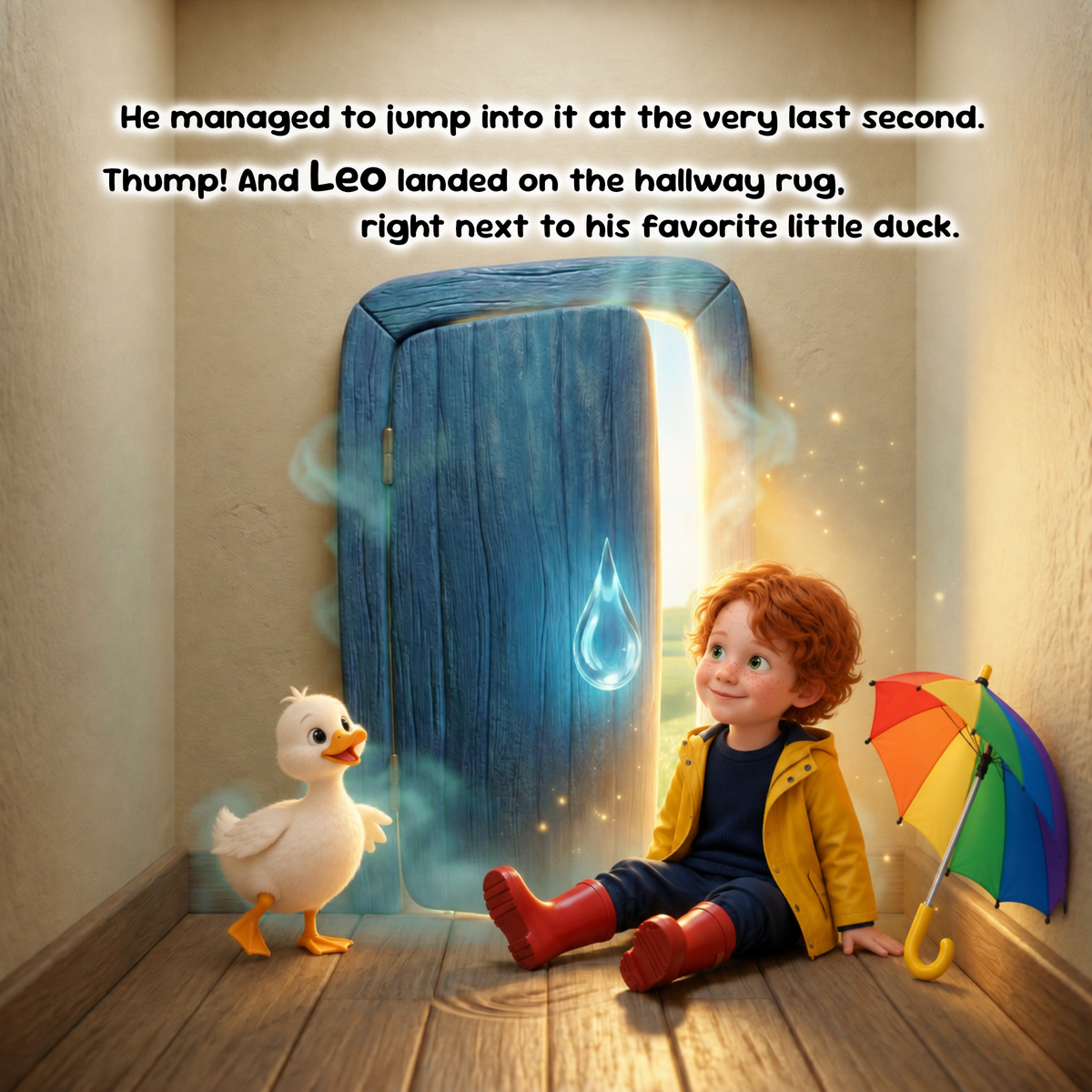 A children's book cover illustration showing a young boy with red hair sitting on a wooden floor next to a white duck and a rainbow umbrella, with a glowing blue door behind him. Black text at the top reads: 'He managed to jump into it at the very last second.
