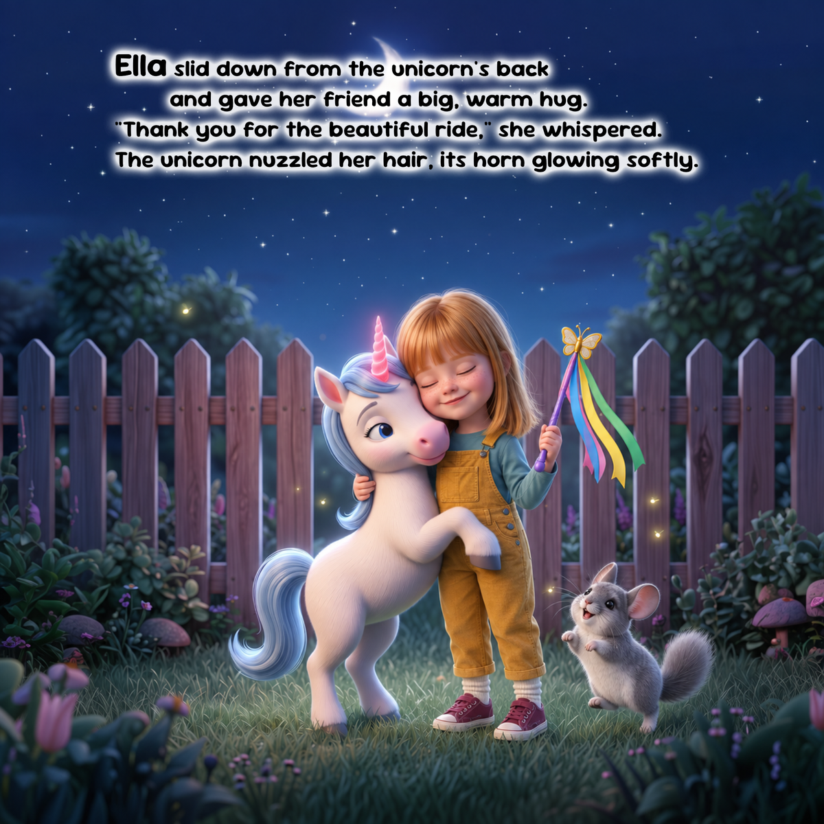 A whimsical illustrated scene at night shows a young girl hugging a white unicorn in a garden, with a small gray mouse beside them and a wooden fence behind. Prescribed text appears at the top describing the hug and the unicorn's soft horn glow.