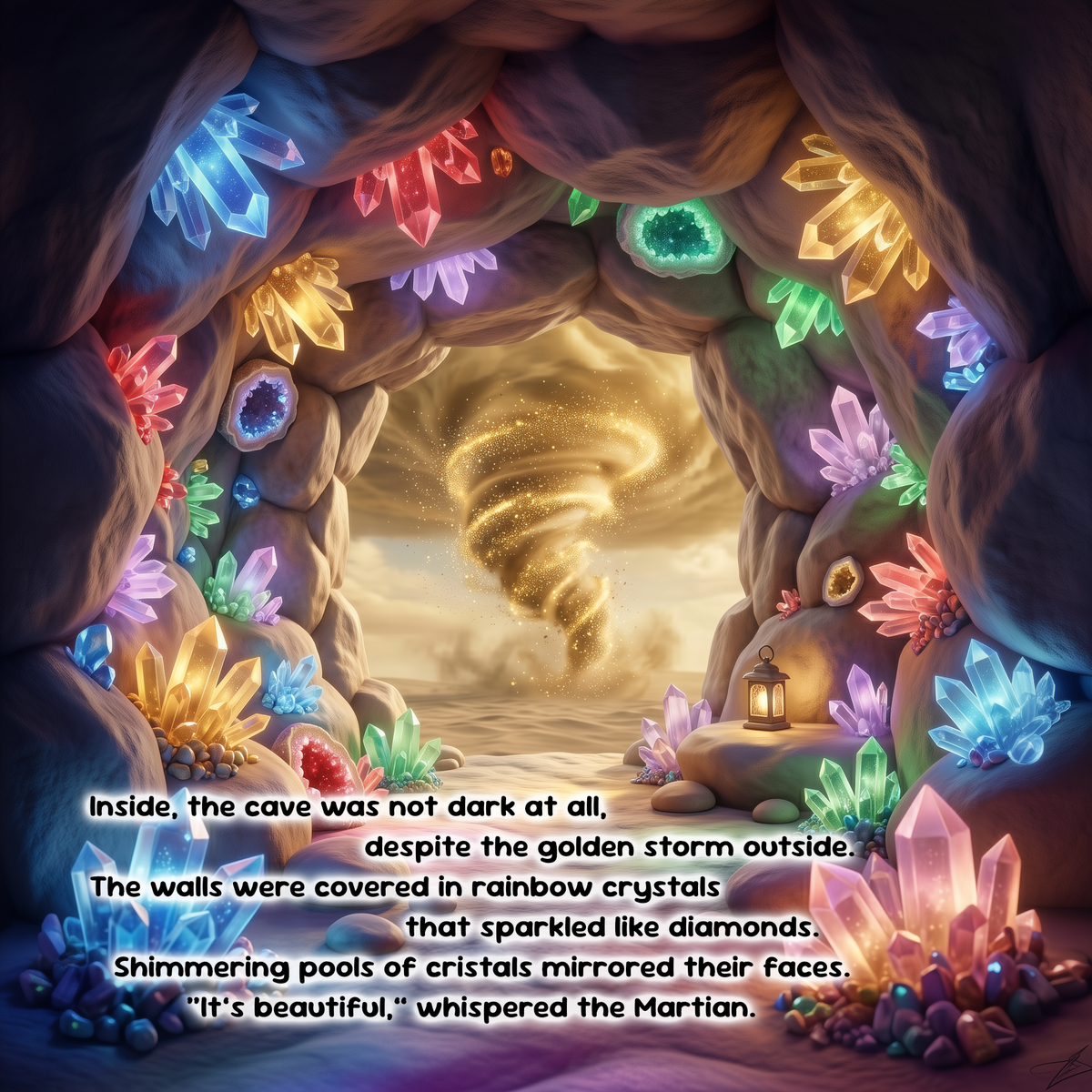 A fantasy cave scene with glowing multicolored crystals lining the walls and a golden swirling storm in the center. Text at the bottom reads: 'Inside, the cave was not at all, despite the golden storm outside.