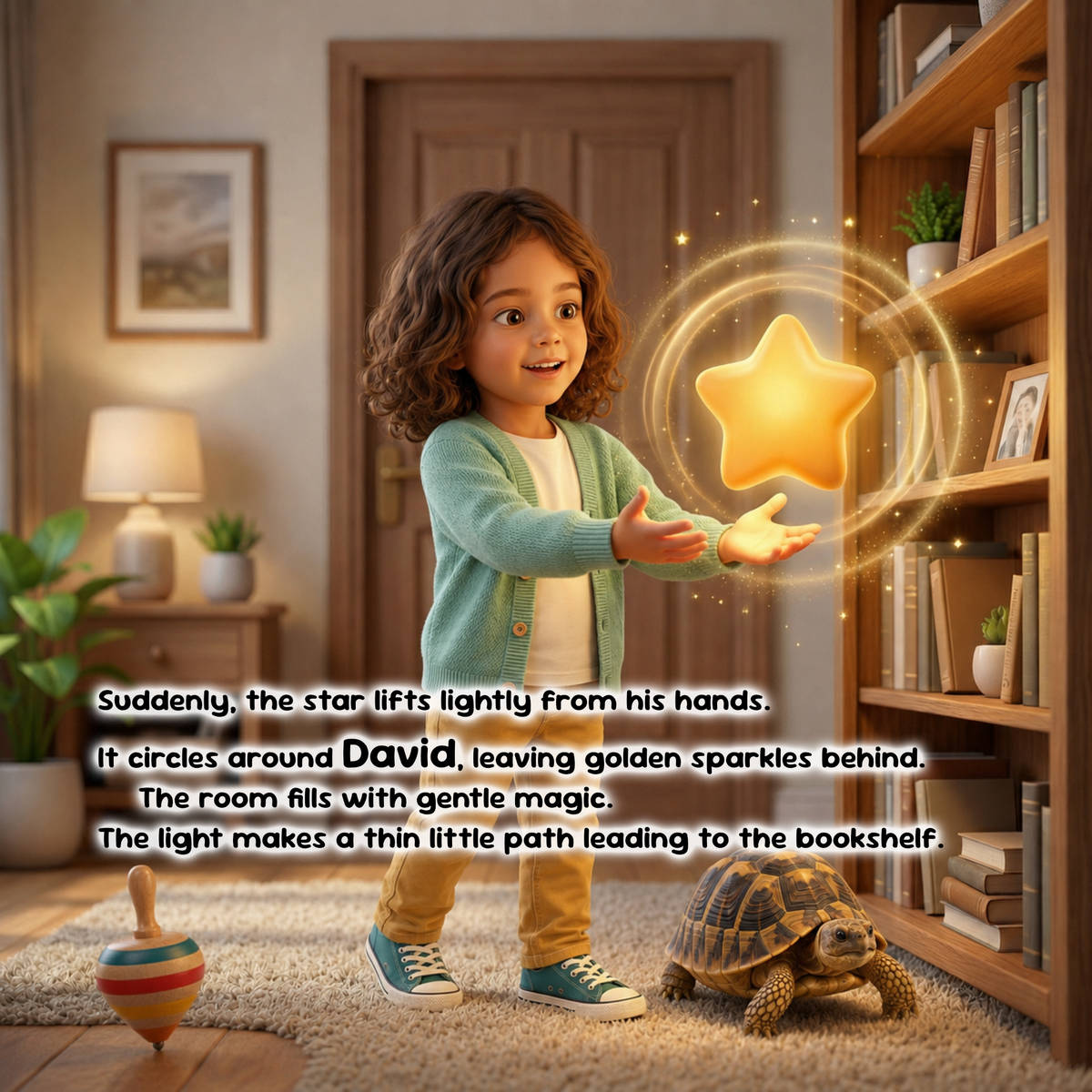 A young child stands in a cozy book-filled room, reaching toward a glowing golden star floating in the air. Text overlays describe the magical scene, and a toy turtle and spinning top sit on the floor nearby.