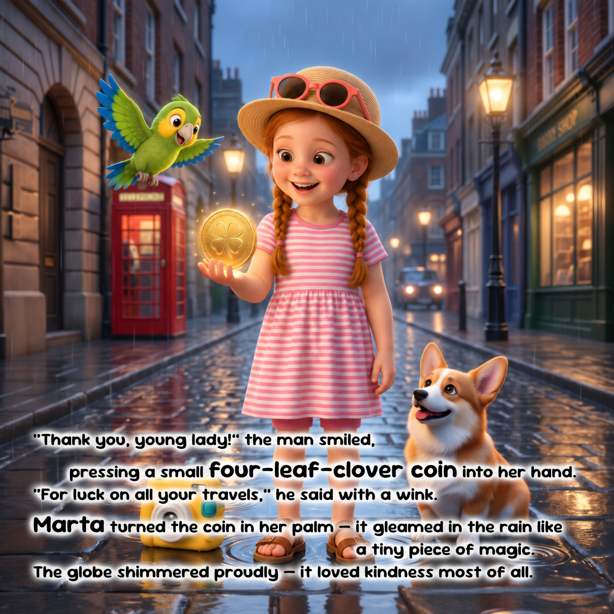 A whimsical illustrated street scene shows a young girl in a pink-and-white striped dress and straw hat holding a glowing gold coin, with a corgi at her side and a green bird nearby. A red telephone booth, wet cobblestones, and warm streetlights create a rainy evening atmosphere.