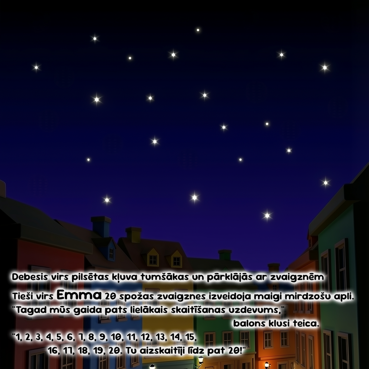 A night sky scene with a row of colorful buildings along the bottom and multiple small stars scattered across a deep blue and purple sky. White text overlays are present at the bottom in Latvian.