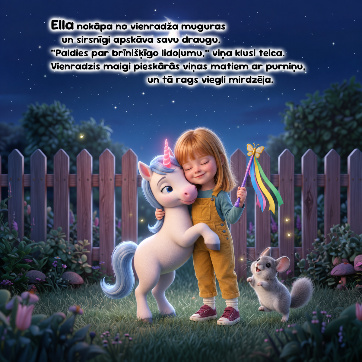 A whimsical illustrated scene shows a young girl hugging a white unicorn in a garden at night, with a small mouse beside them and Latvian text overlaid at the top. Because a person and animal are present in a real-environment-style scene, this fits Lifestyle rather than Product/Packaging or Scenery.