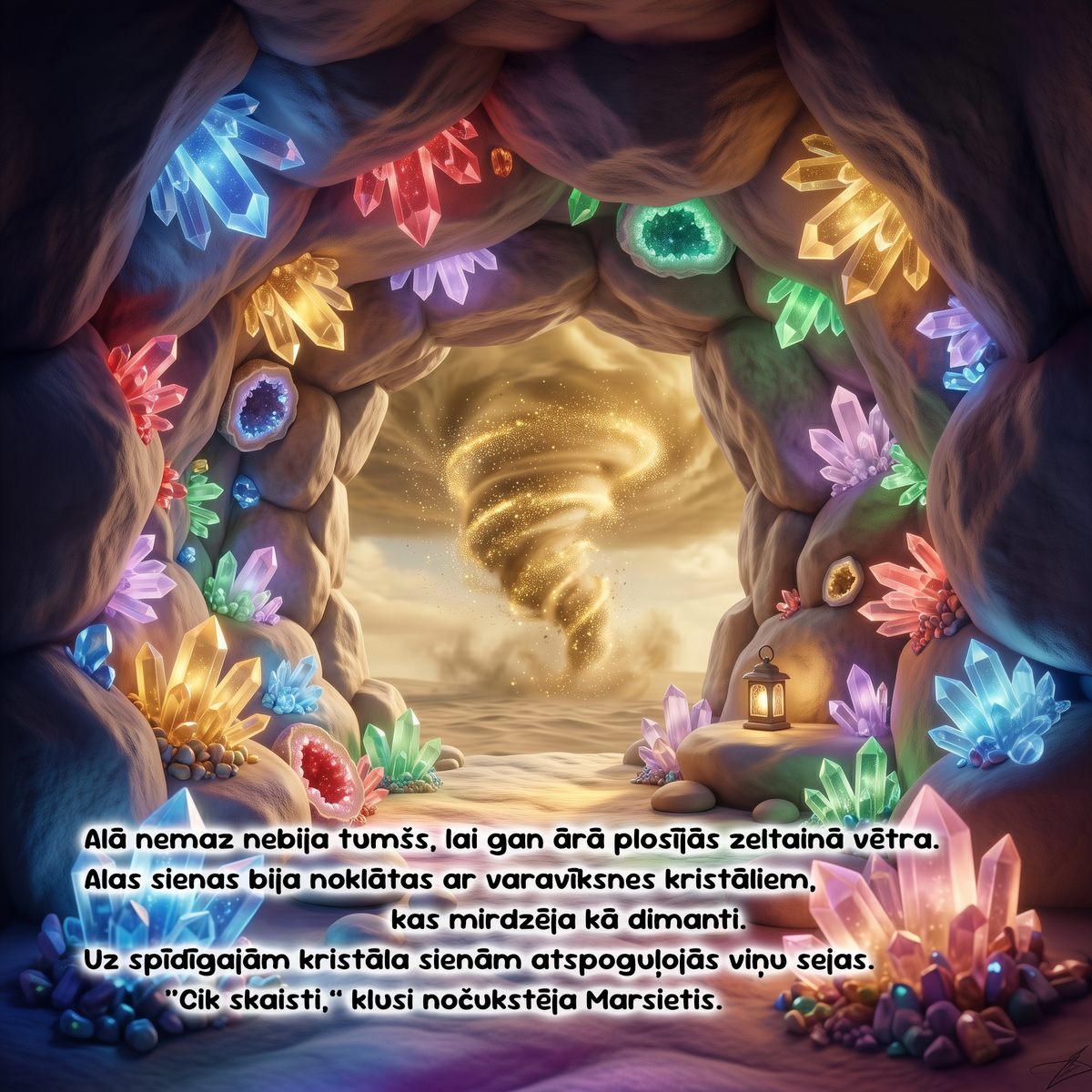 A fantasy cave scene with glowing multicolored crystals, a golden spiral vortex in the distance, and overlaid Latvian text across the lower portion. This appears to be artwork or a printed/digital scene rather than a physical product photo, so Scenery fits best.