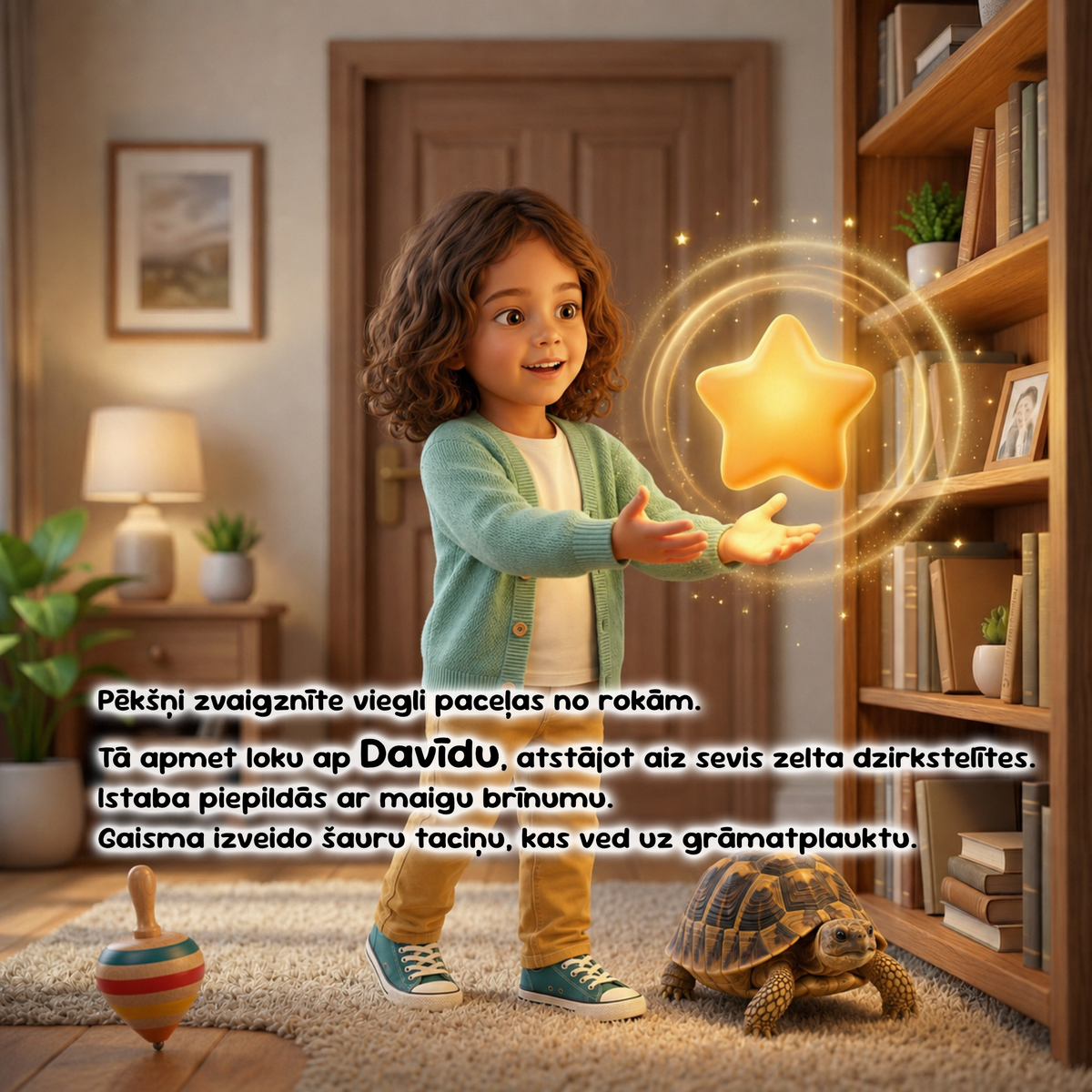 A young child stands in a cozy living room with bookshelves, a lamp, and a small turtle on the rug, reaching toward a glowing golden star effect floating in the air. The scene is warm and styled, with overlaid Latvian text across the center.
