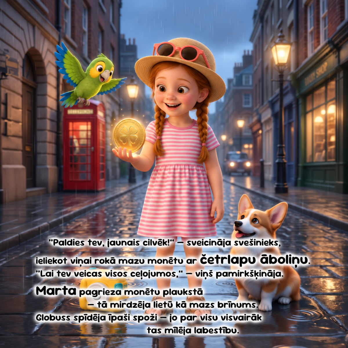A whimsical illustrated street-scene scene with a young girl in a straw hat and pink striped dress holding a glowing gold coin, accompanied by a green bird and a corgi on a wet city street at dusk. Large Russian text overlays the lower half of the image.