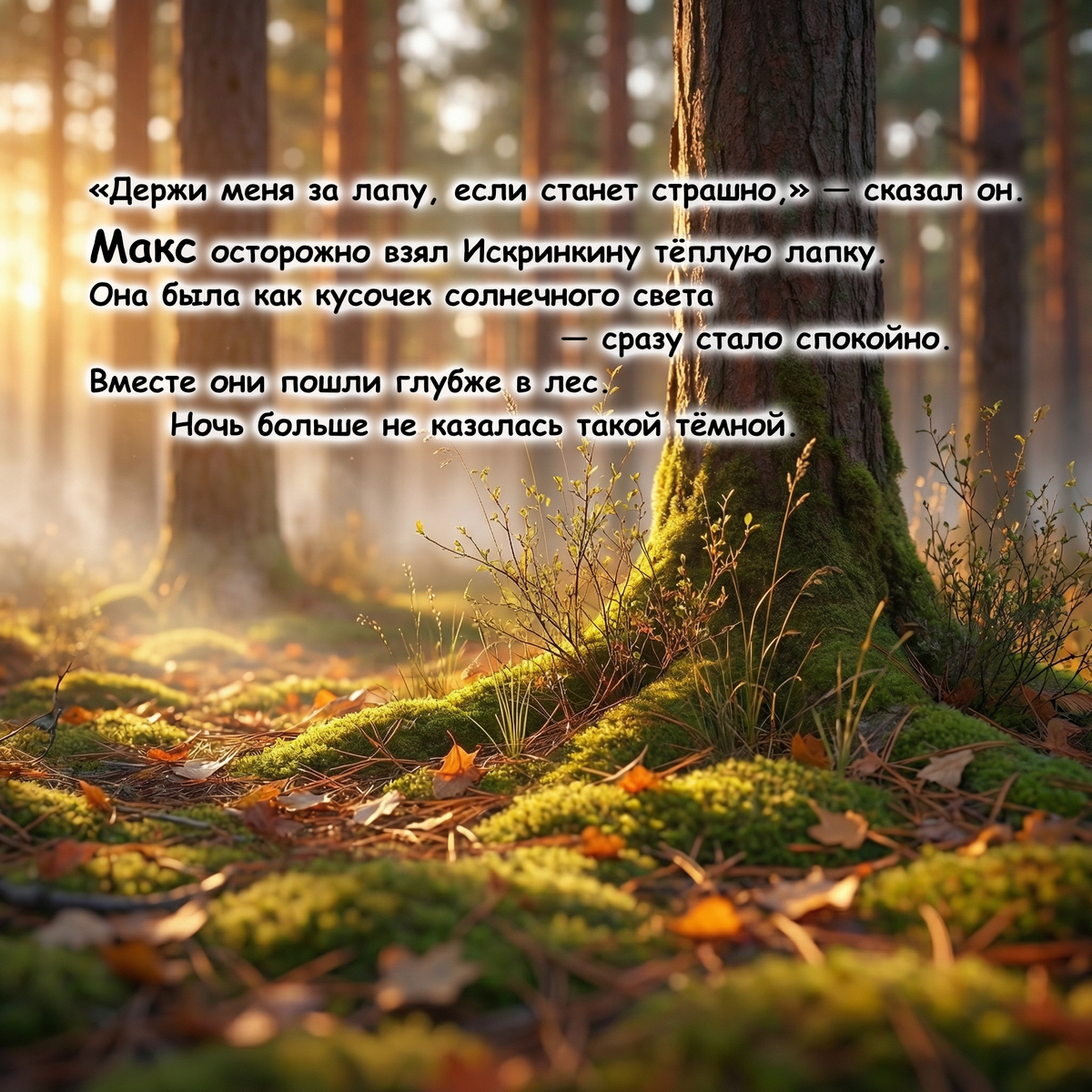 A forest scene with moss-covered tree trunks, fallen leaves, and warm sunlight filtering through the trees. Overlaid on the scene is a block of Russian text in white with a dark outline.
